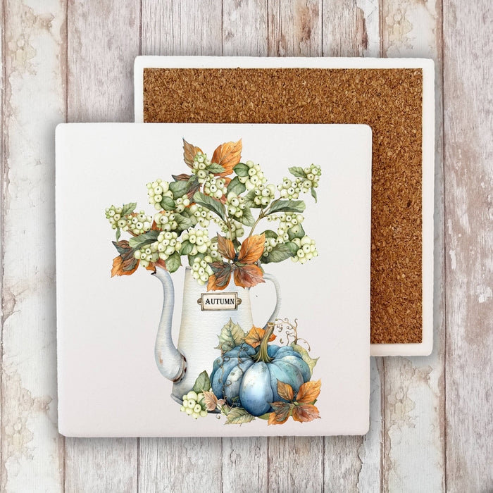 Fall Autumn Blue Pumpkin Watering Can Stone Coaster