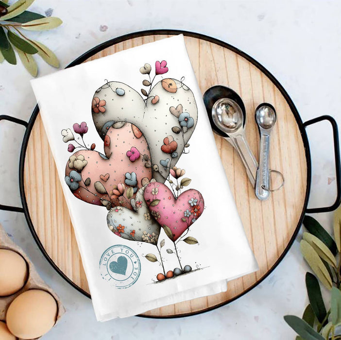 Valentine Whimsical Hearts Farmhouse Tea Towel