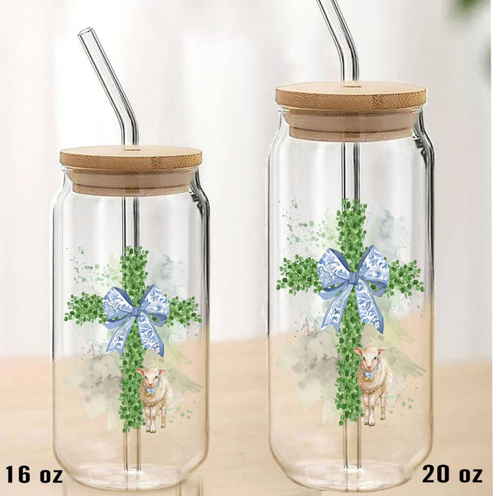 Easter Boxwood Cross Lamb Spiritual Can Glass with Lid Straw