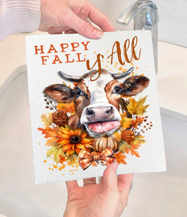 Autumn Happy Fall Y'All Cow Swedish Dishcloth