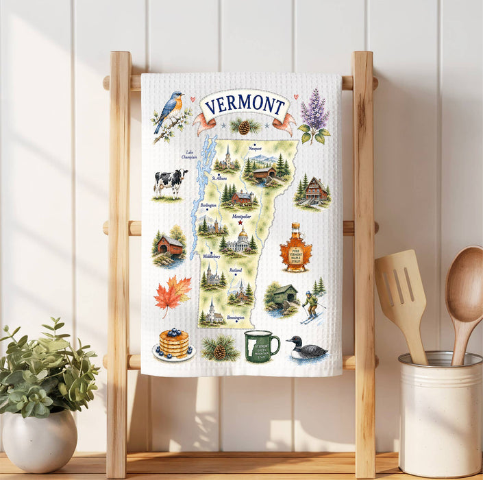 Vermont State Map Landmark Waffle Weave Towel