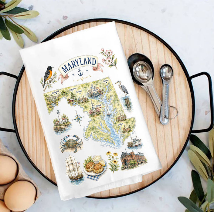 Maryland State Map Landmark Tea Towel