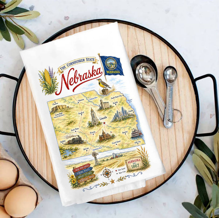 Nebraska State Map Landmark Tea Towel