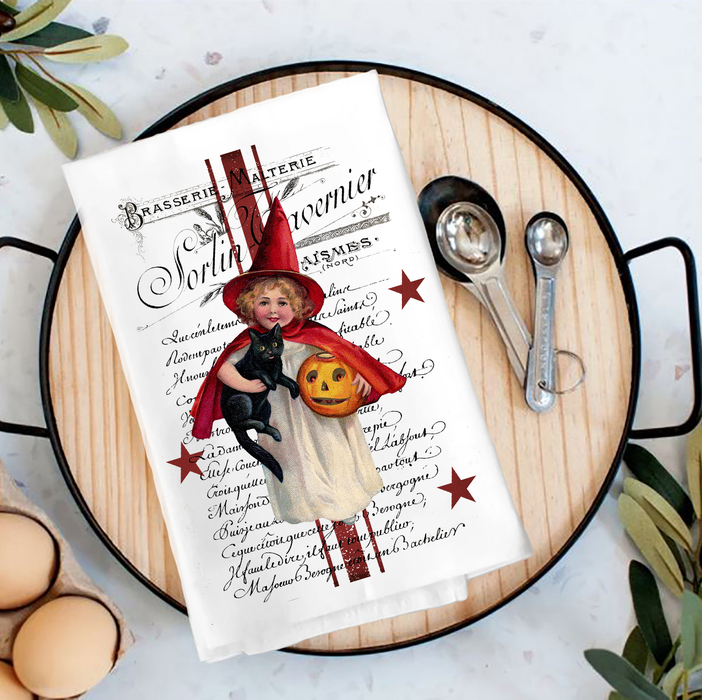 Halloween Vintage French Black Cat Tea Towel