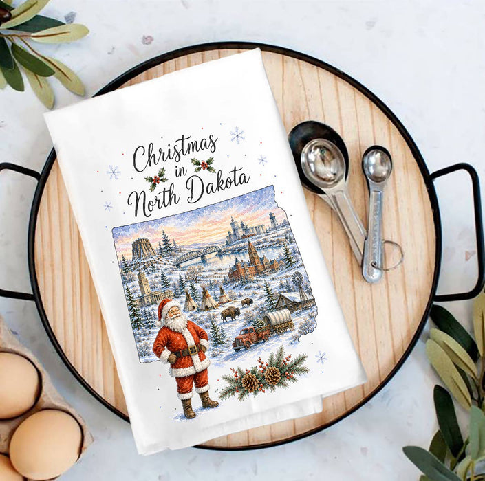 Christmas in North Dakota State Map Tea Towel