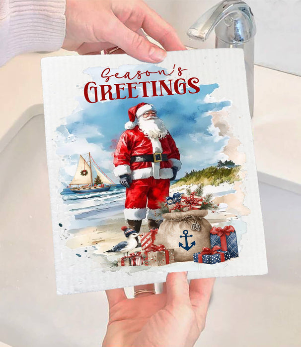 Coastal Christmas Santa on beach Swedish Dishcloth