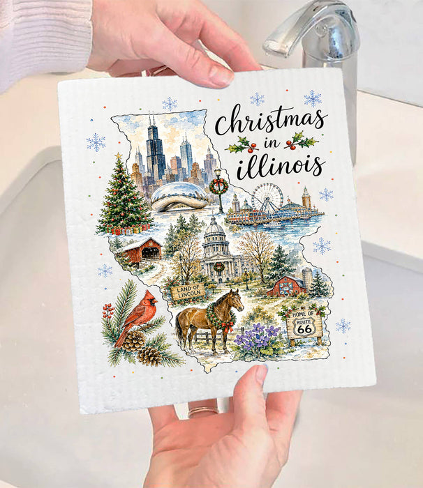 Christmas in Illinois State Map Swedish Dishcloth