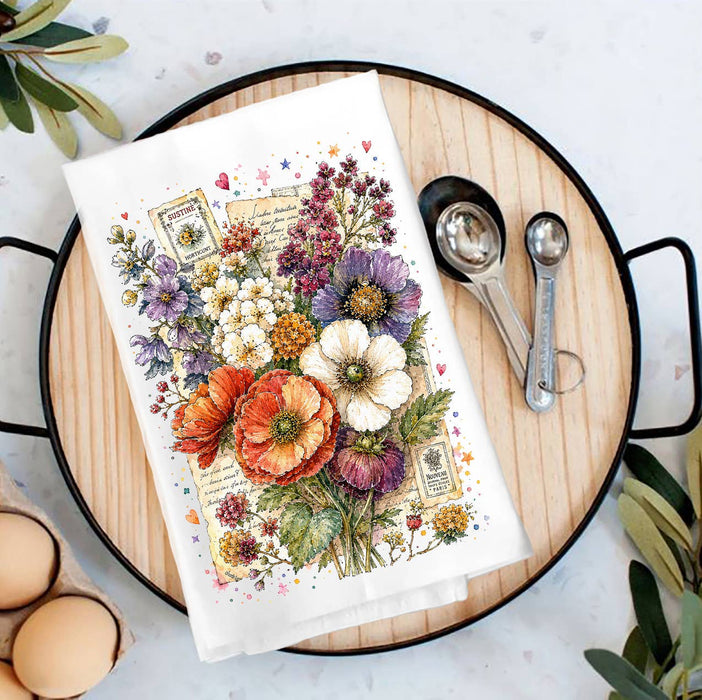 Vintage Watercolor Flowers Tea Towel