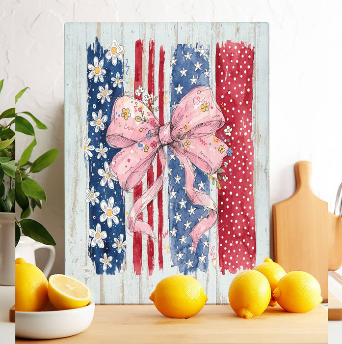 Patriotic red White Blue Bow Glass Cutting Board