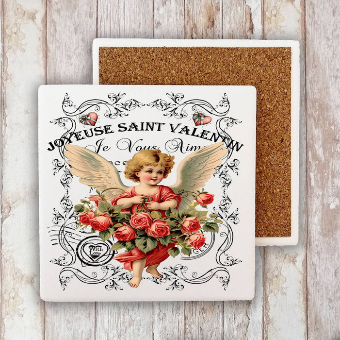 Valentine Cupid Angel Vintage French Stone Coaster