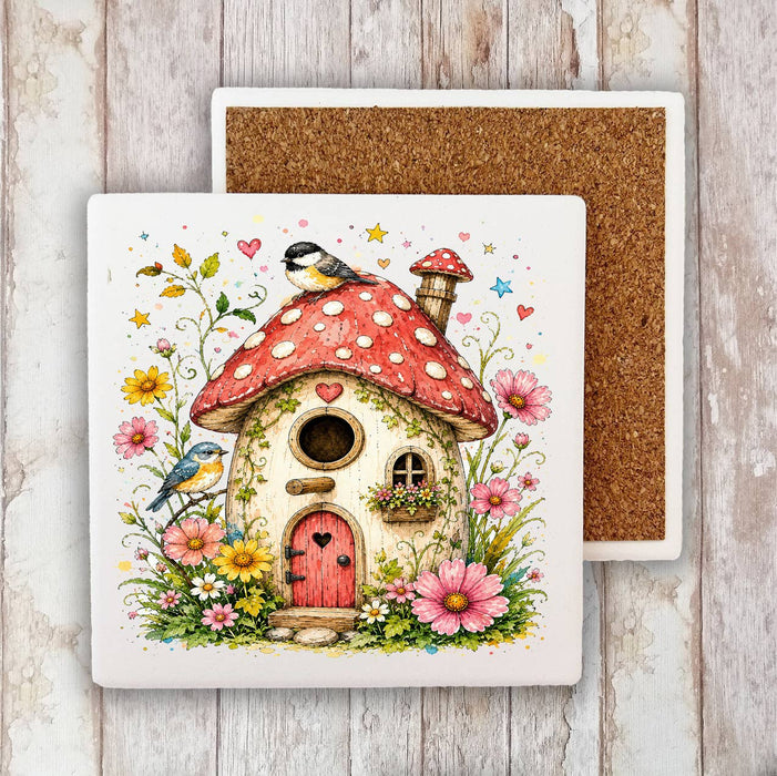Mushroom Birdhouse Flowers Stone Coaster