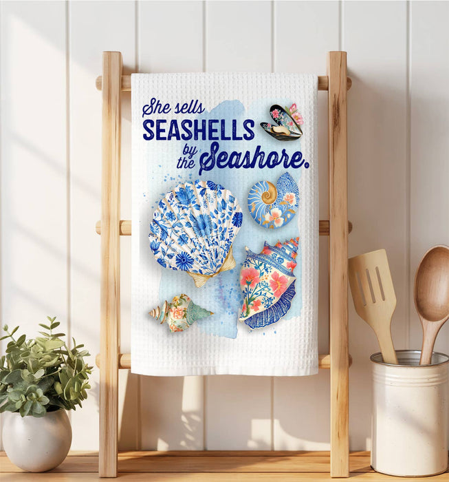 Seashells by the Seashore Floral Shells Waffle Weave Towel