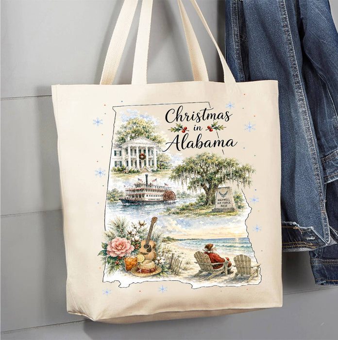 Christmas in Alabama State Map Canvas Tote Bag