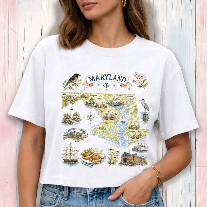 Maryland State Map Landmark Cropped T-Shirt