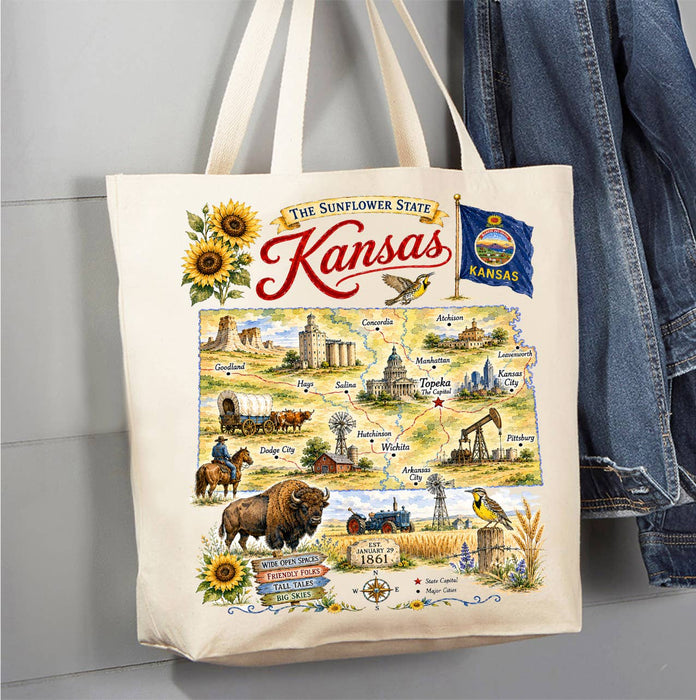 Kansas State Map Landmark Canvas Tote Bag