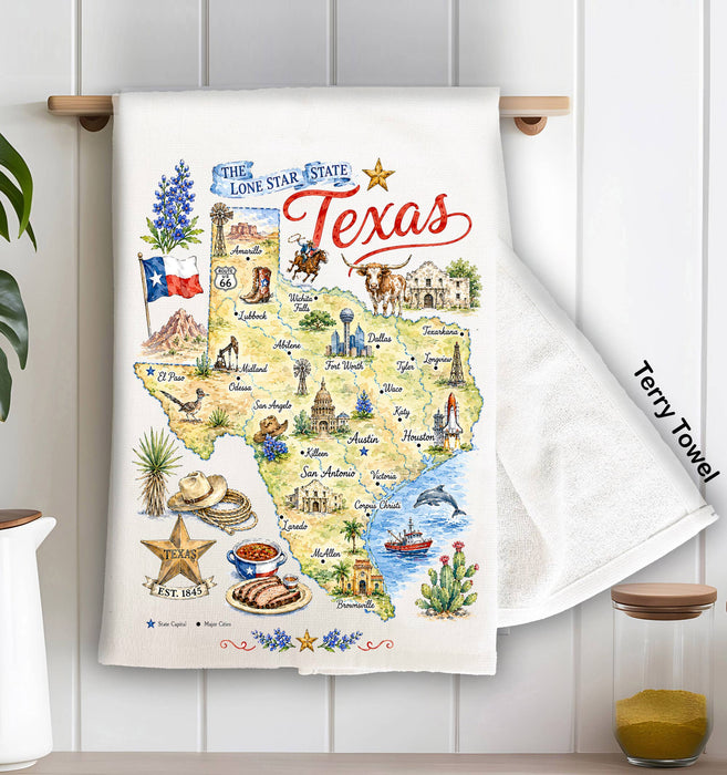 Texas State Map Landmark Kitchen Terry Towel