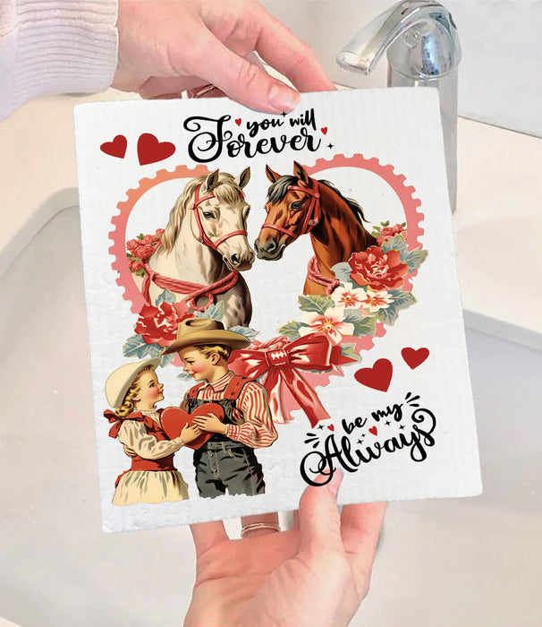 Vintage Western Horses Valentine Swedish Dishcloth