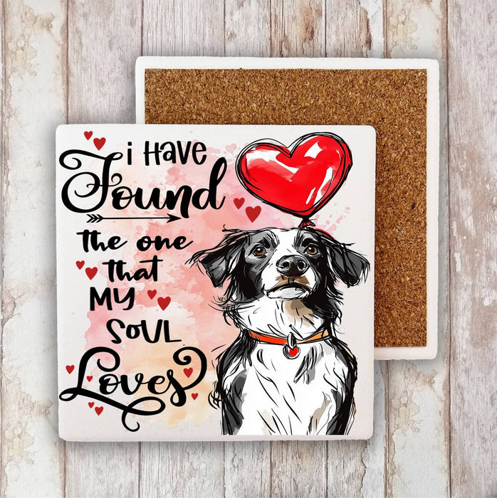 Dog Border Collie Found My Love Valentine Stone Coaster