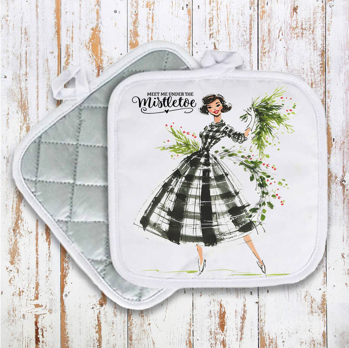 Retro Christmas Meet me Mistletoe Pot Holder
