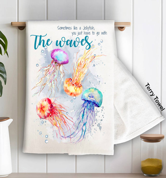 Jellyfish Go with the Waves Ocean Kitchen Terry Towel
