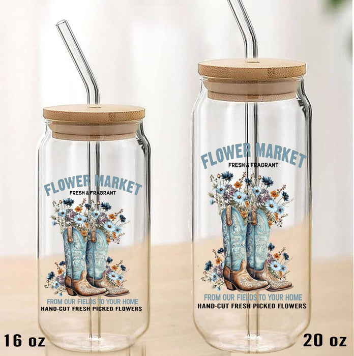 Western Cowboy Boots Flower Market Can Glass with Lid Straw