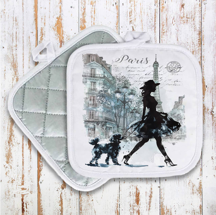 Paris French Girl Walking Dog Pot Holder Oven Mitt