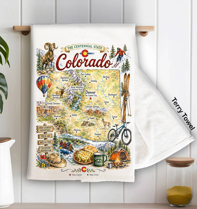 Colorado State Map Landmark Kitchen Terry Towel