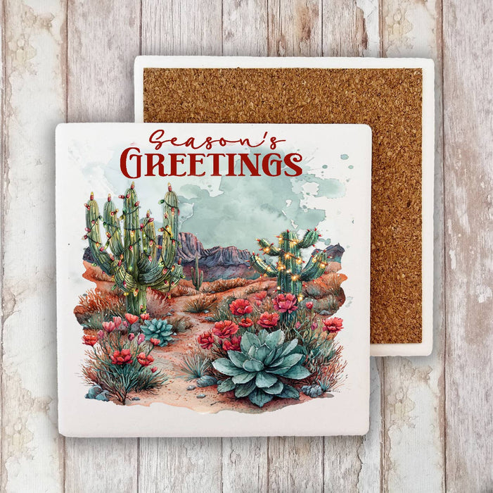 Christmas Seasons Greeting Desert Cactus Stone Coaster