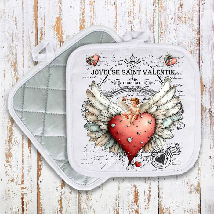 Vintage French Heart Cupid Valentine Pot Holder Oven Mitt