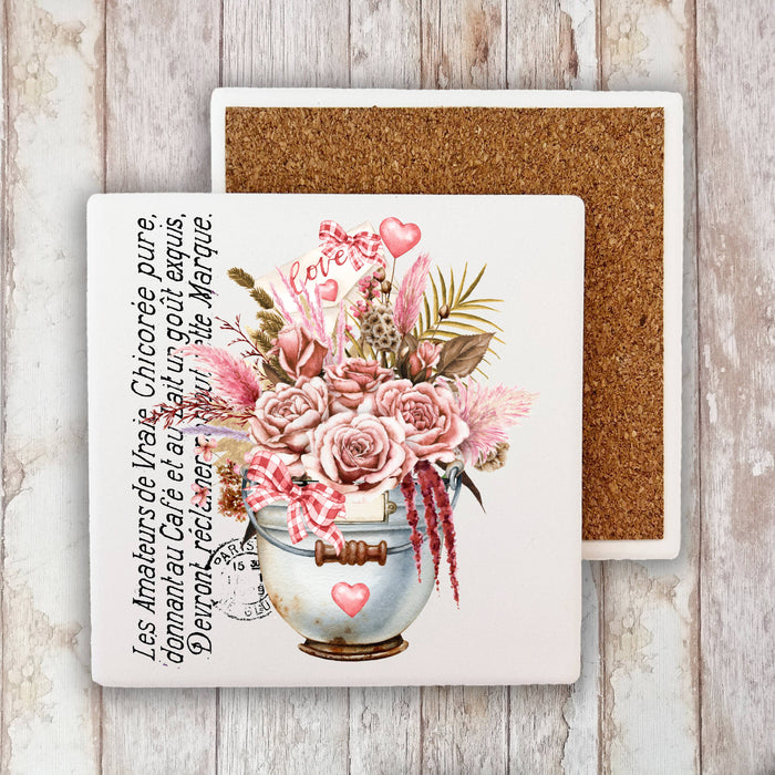 Valentine French Love Boho Flowers Stone Coaster