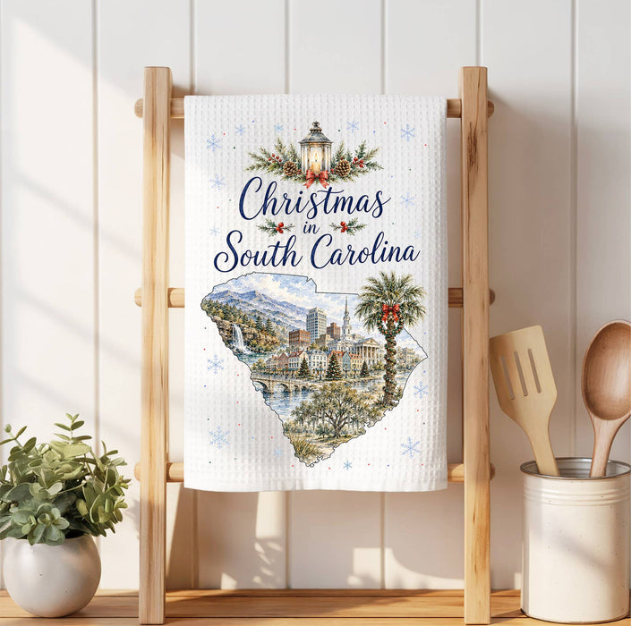 Christmas in South Carolina State Map Waffle Weave Towel