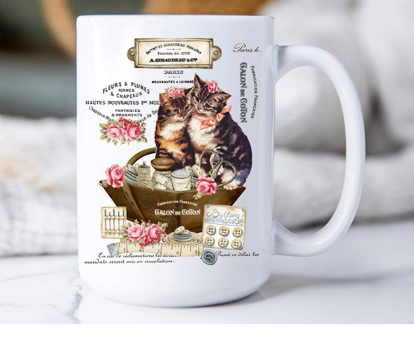 Country Vintage Fench Kittens Cats Coffee Mug