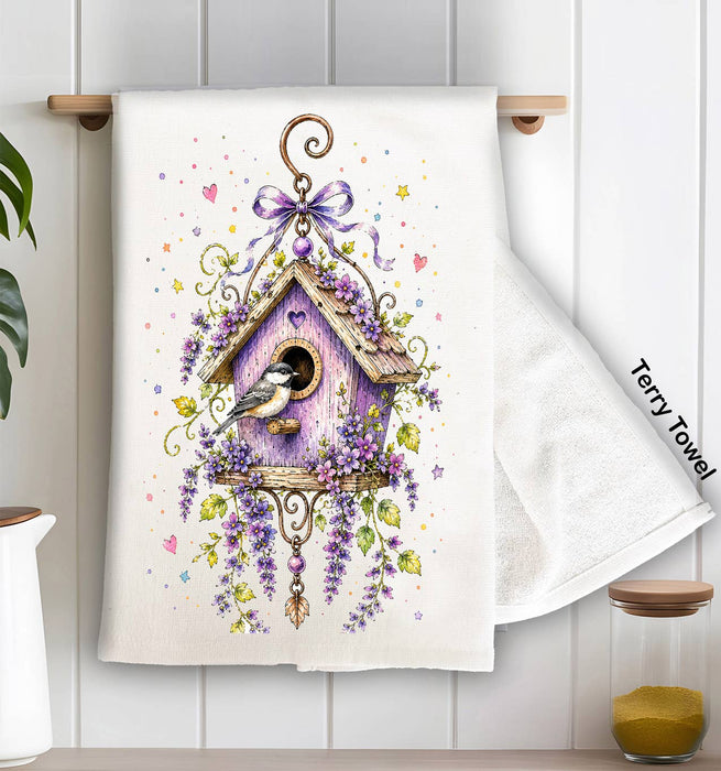 Lavender Whimsical Birdhouse Kitchen Terry Towel