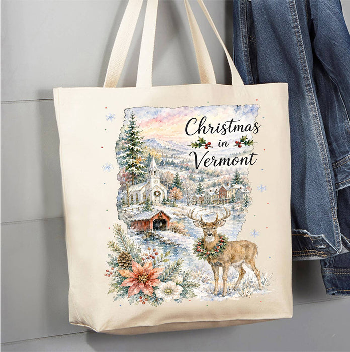 Christmas in Vermont State Map Canvas Tote Bag