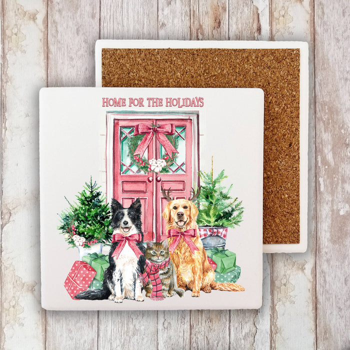 Christmas Home for the Holidays Dogs Stone Coaster