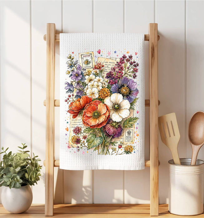 Vintage Watercolor Flowers Waffle Weave Towel