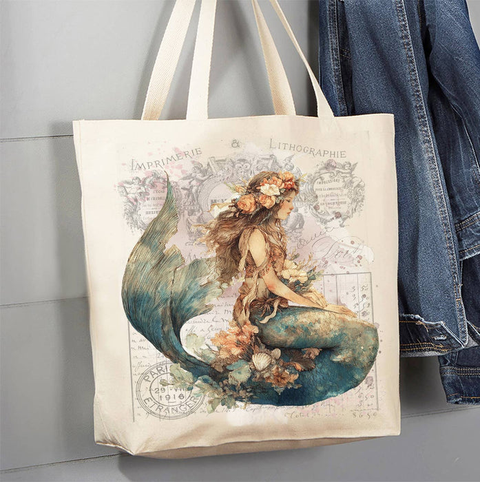 Vintage French Mermaid Coastal Canvas Tote Bag