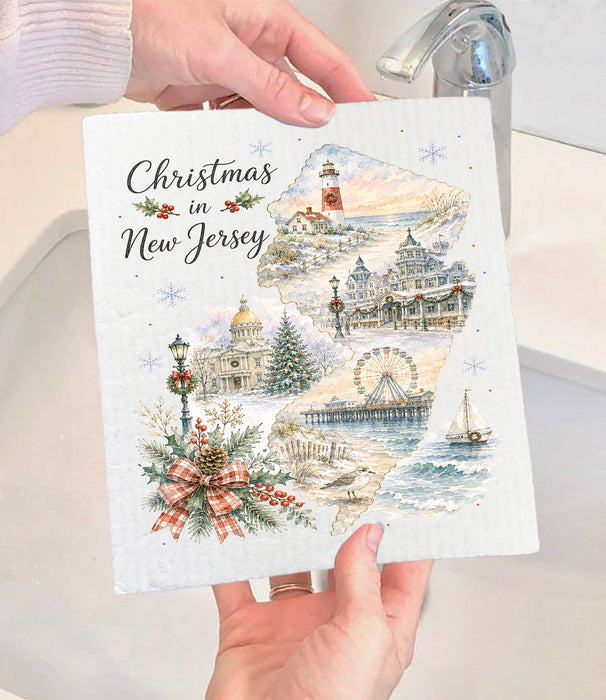 Christmas in New Jersey State Map Swedish Dishcloth