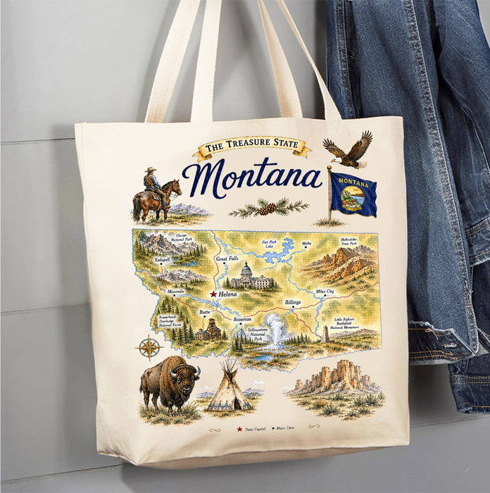 Montana State Map Landmark Canvas Tote Bag