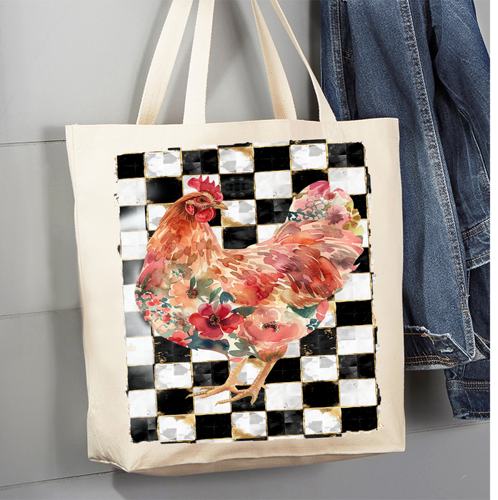 Checkered Colorful Chicken Canvas Tote Bag