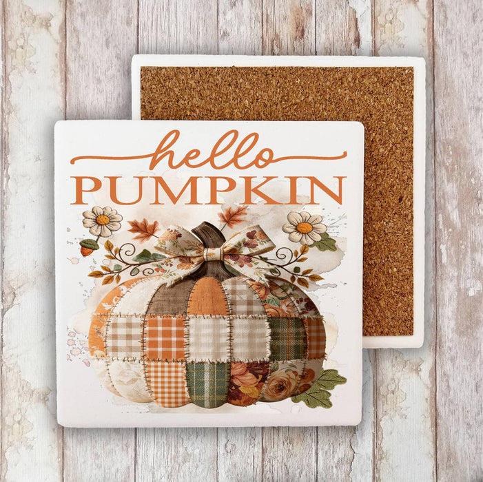 Fall Hello Pumpkin Quilted Patch  Stone Coaster
