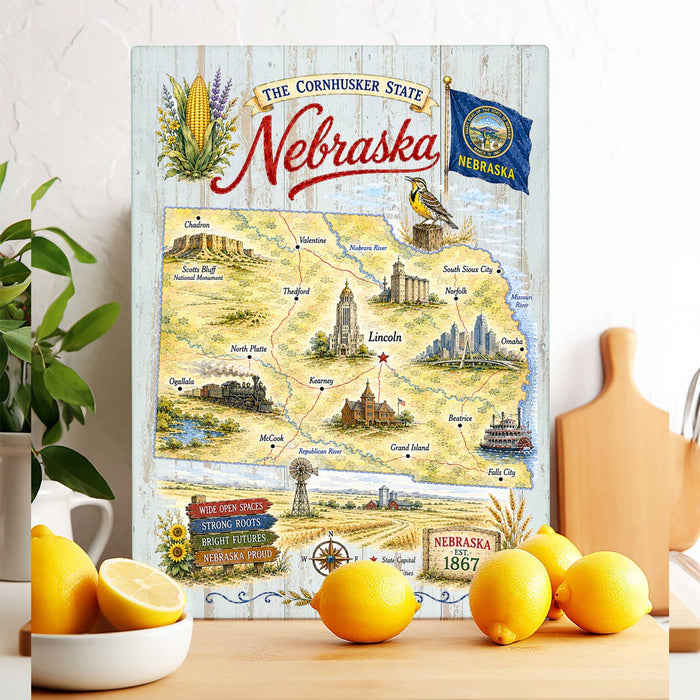 Nebraska State Map Landmark Glass Cutting Board