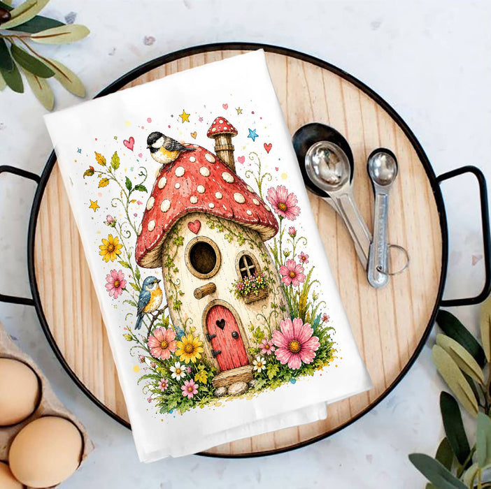 Mushroom Birdhouse Flowers Tea Towel