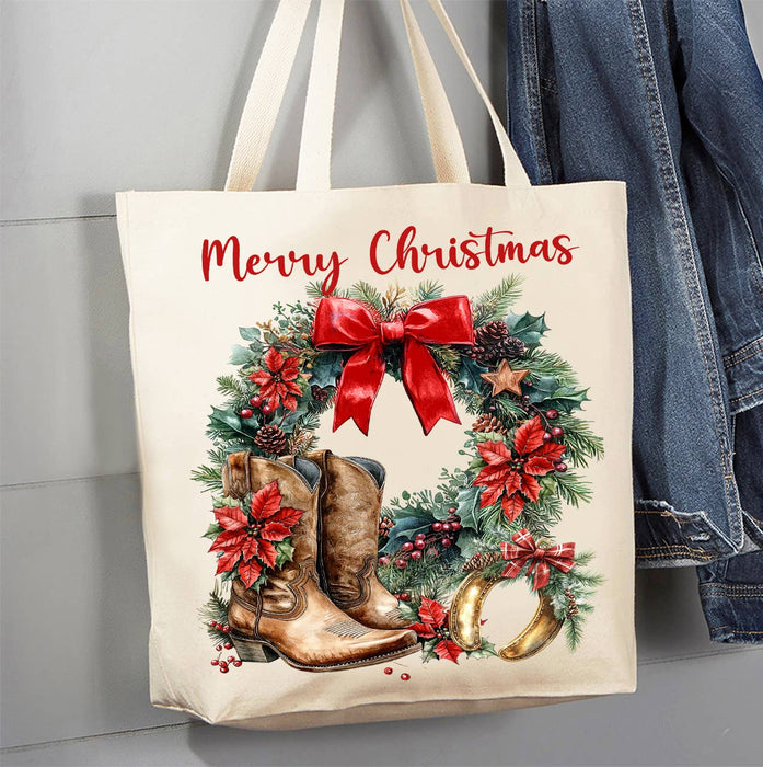 Country Christmas Poinsetta Western Canvas Tote Bag