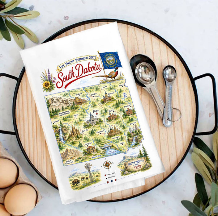 South Dakota State Map Landmark Tea Towel