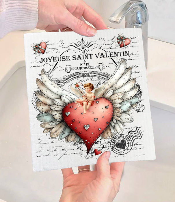 Vintage French Heart Cupid Valentine Swedish Dishcloth