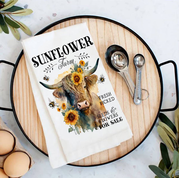 Highland Cow Sunflower Farm Flour Sack Tea Towel