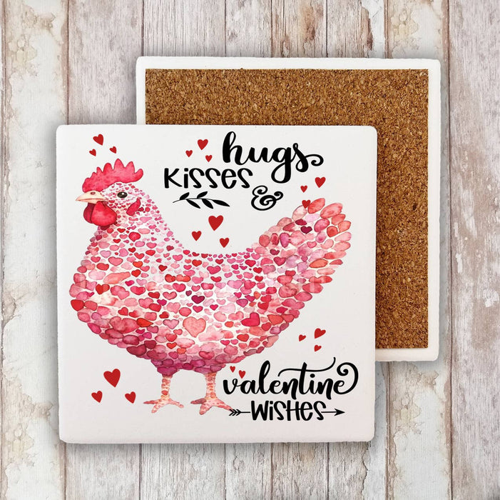 Valentine Chicken Hugs Kisses Stone Coaster