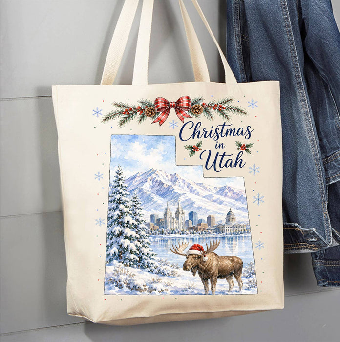 Christmas in Utah State Map Canvas Tote Bag