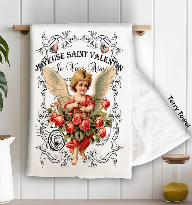 Valentine Cupid Angel Vintage French Kitchen Terry Towel